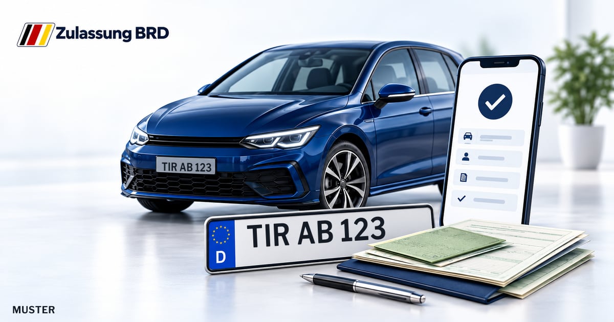 Online Fahrzeugzulassung in Landkreis Tirschenreuth: Musterkennzeichen TIR AB 123, Auto und Fahrzeugpapiere und Smartphone. Illustration mit Logo von Zulassung BRD.